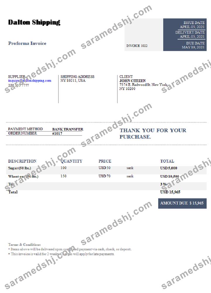 USA Dalton Shipping invoice